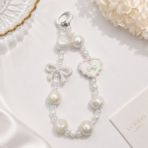 Pearl Beaded Phone Charm Wrist Strap with Bow & Heart | Detachable Lanyard