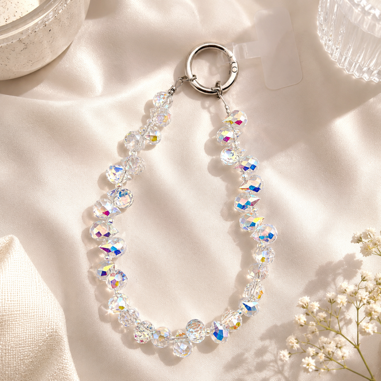 WHT BDS SHMR 005 Sparkling Beaded Phone Wrist Strap | Acrylic Cellphone Lanyard Bracelet for Women - Image 1