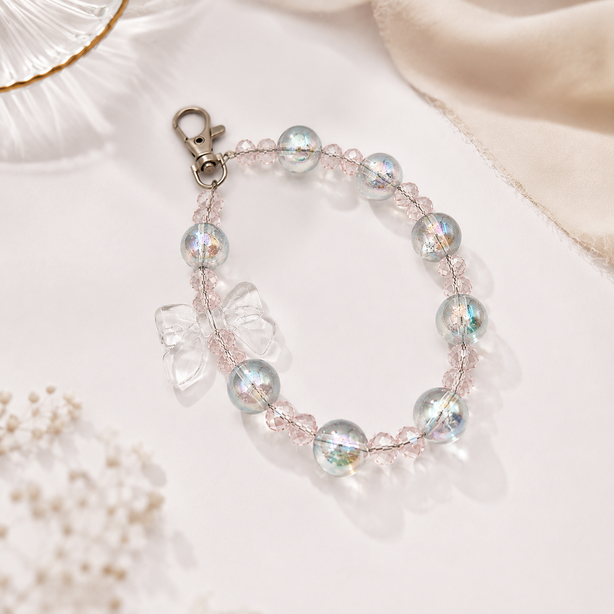 main img-1 Pink Bow Beaded Phone Charm with Crystal Beads & Lobster Clasp - Image 1